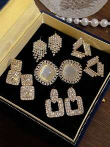 5pcs/Set Fashionable New Personalized Geometric Rhinestone Cat Eye, Tassel, Triangle Block Pearl Earrings Jewelry Set, Suitable For Daily And Festival Wear - Multicolor - View 1