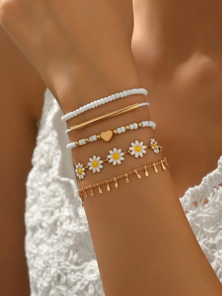 5pcs/Set Bohemian Fresh And Sweet Glaze Daisy Flower Bracelet Female Accessories Floral Painted Oil Drop Bracelet Beaded Love Summer Dopamine Color Matching Suitable For Gift Giving Daily Travel Wear