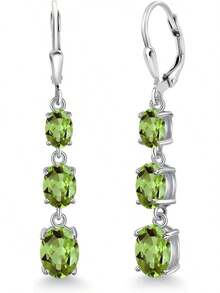 Gem Stone King 3-Stone Leverback Drop Dangle Earrings Women |   925 Sterling Silver |   Gemstone Birthstone |   Oval 8X6MM 7X5MM And 6X4MM |   Fine Jewelry Gifts Her Mom Women Wife - 橄欖石,八月 - 查看 1