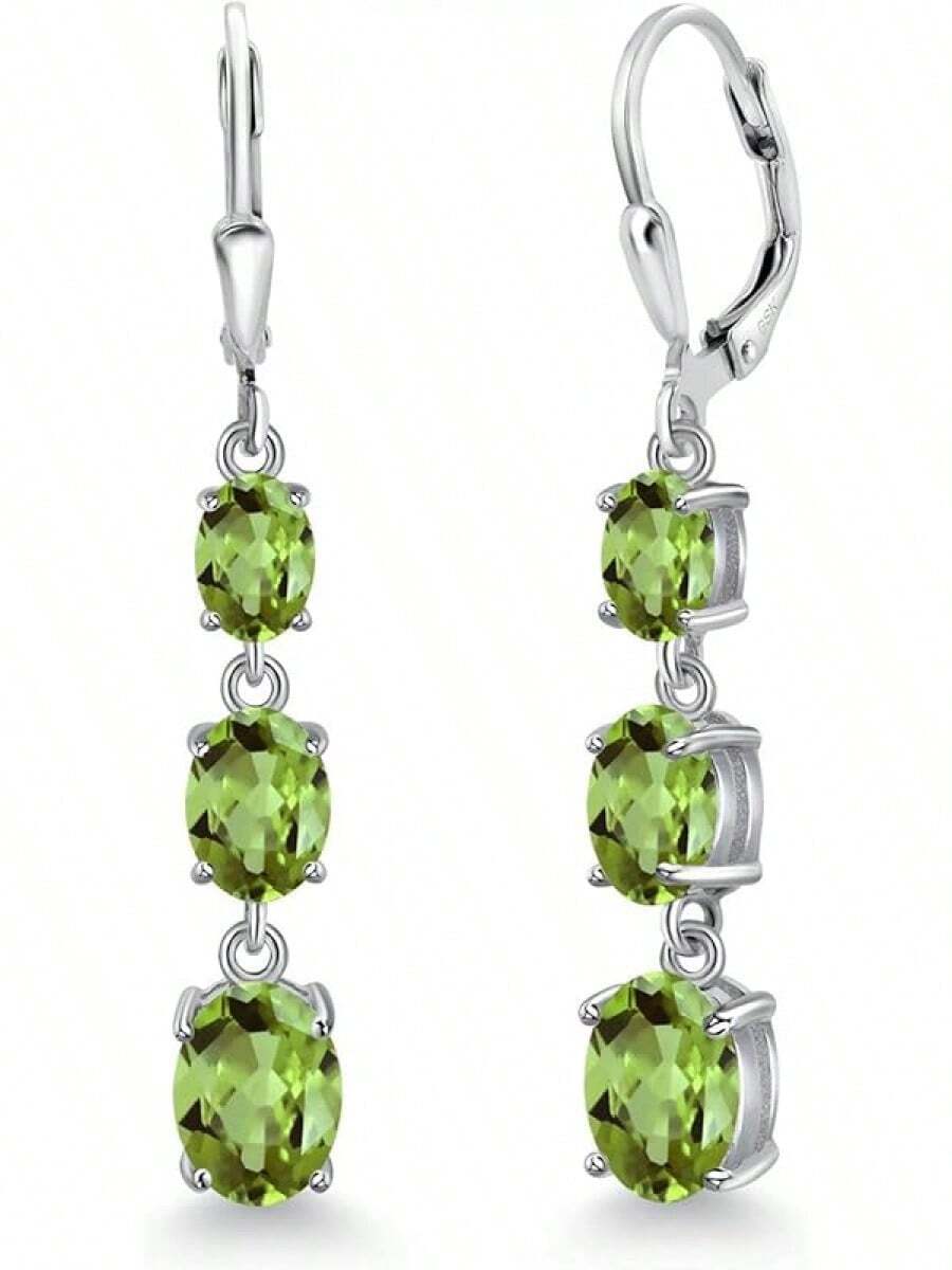 Gem Stone King 3-Stone Leverback Drop Dangle Earrings Women | 925 Sterling Silver | Gemstone Birthstone | Oval 8X6MM 7X5MM And 6X4MM | Fine Jewelry Gifts Her Mom Women Wife - 橄欖石,八月 - 查看 1