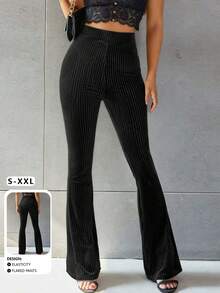 休闲罗纹设计喇叭裤，秋季新品，裤子，喇叭裤 - 黑色 - 查看 10