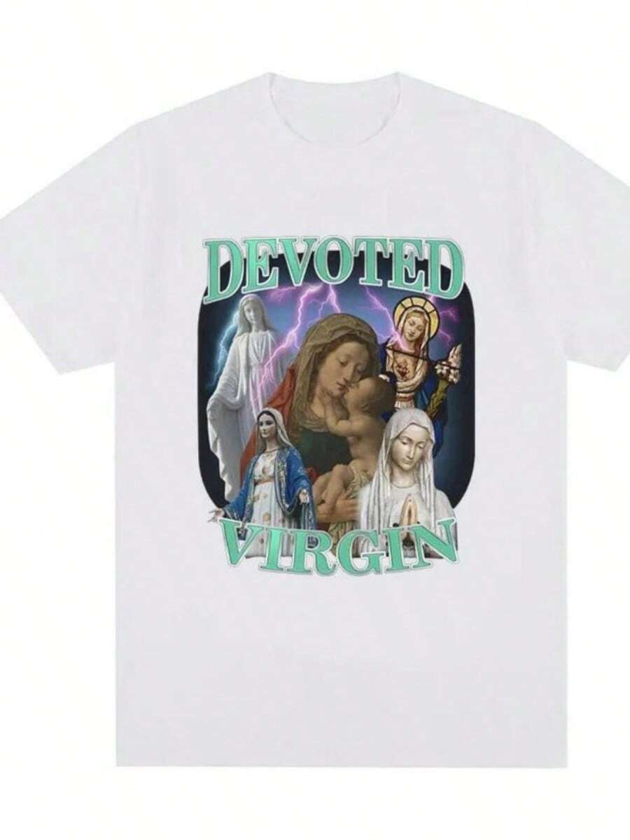 Devoted Virgin Meme Graphic T-Shirt Men Fashion Vintage Short Sleeve T-Shirts Casual Tee Shirt Tops Unisex - White - View 1