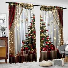 2pcs Christmas Tree Pattern Home Textile Digital Print Curtains, Rod Pocket Design For Easy Hanging, Privacy Protection Curtains Suitable For Bedroom, Living Room, Kitchen, Study, Dining Room, Game Room, Home Decor - Multicolor - View 4
