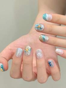 10Pcs Short Oval Handmade Press On Nails For Party And Daily Wear ,Blue Nails, Beautiful Starfish, Oval Nails,Cherry,Shiny And Dazzling,Easy To Wear 10Pcs Y2K Handmade Press On Nails,Summer Nails ,Summer Style,Suitable For Girls And Women Festivals Parties And Daily Wear Nail Supplies Nails