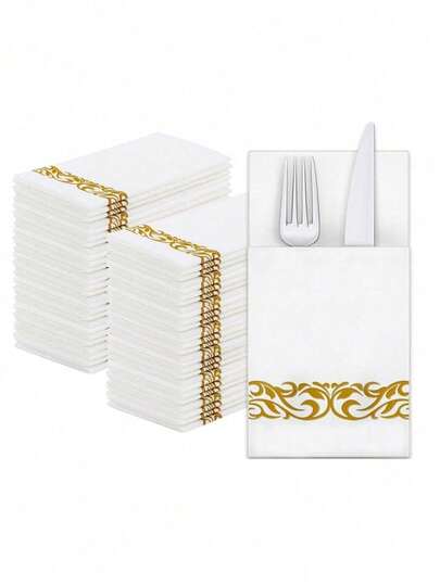 25 件一次性金色图案餐巾，带餐具袋，亚麻质感白色餐巾，预折叠，适用于婚礼、派对、节日