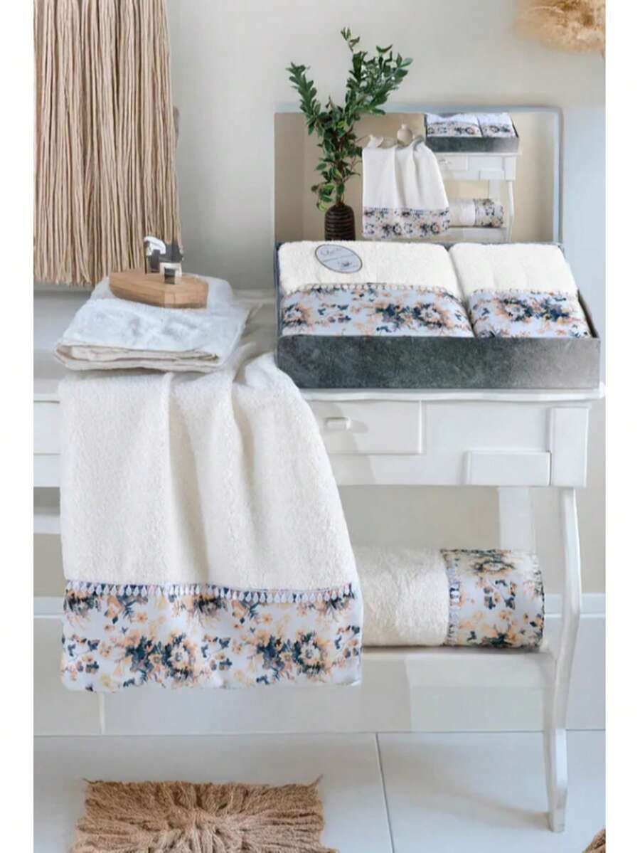 Premium Patterned Towel Gift Set – 100% Cotton – High-GSM Luxury Bath & Hand Towels – 50x90 Cm & 70x140 Cm – Ultra-Soft, Absorbent & Boxed Presentation – Made In Turkey - White - View 1