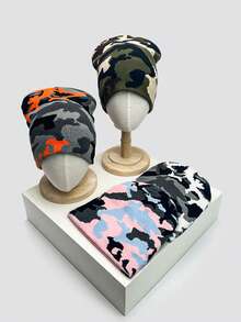 1pc Autumn/Winter Camouflage Color Series Knit Beanie Hat, Warm Streetwear Contrast Color Unisex Hip Hop Outdoor Cap