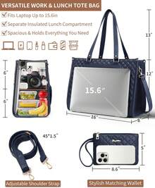Lunch Tote Bag For Women, 15.6 Inch Laptop Work Bag With Insulated Lunch Box Compartment & Purse Large Capacity Quilted Computer Handbag For Office Business Work Nurse Teacher Moms Travel Casual - 藍色 - 查看 2