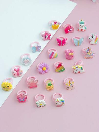 15 件套可爱独角兽、蝴蝶、花朵、心形、水果图案戒指首饰套装，适合女孩，适合学校、生日、节日派对、礼物、休闲、校园、度假穿着