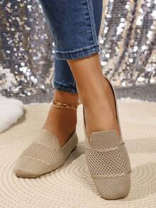 Fall/Winter Women's Fashion Minimalist Breathable Knit Square Toe Slip-On Flat Shoes, Comfortable, Lightweight, Elegant And Versatile - Khaki - View 5