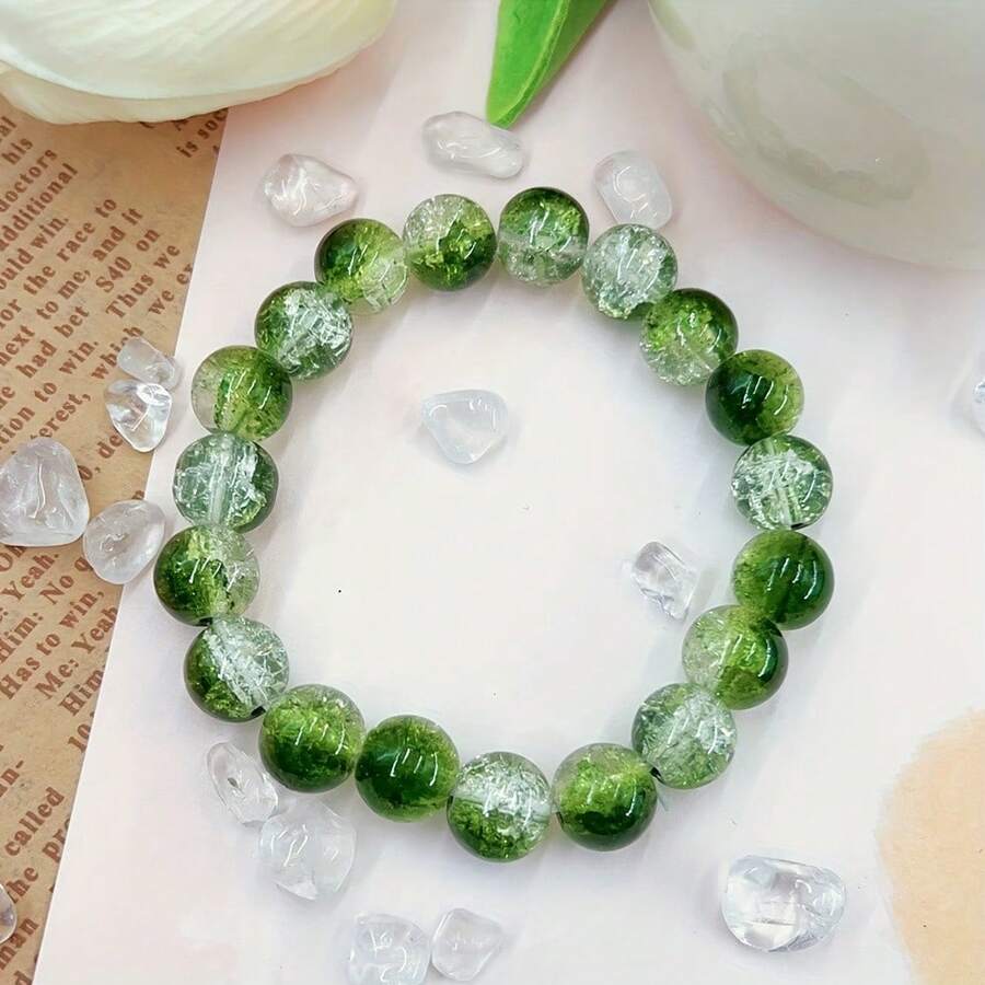 Fashionable Transparent Cracked Glass Bead Elastic Bracelet - Handmade Fashion Accessory,Wedding Anniversary,Birthday Gift,Christmas Gift - 綠色 - 查看 1