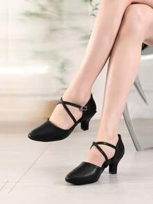 Giày khiêu vũ nữ: Quai chéo, gót trung bình, da PU màu đen, đế mềm. - màu đen - Xem 5