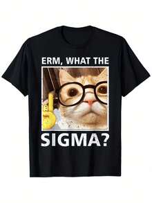 Young People's "Uh, What Sigma?" Interesting Cat Pattern T-Shirt -100% Cotton, Breathable And Moisture Wicking, Casual Short Sleeved Round Neck T-Shirt - Perfect Gift For Boys And Girls, Cat Shirt - màu đen - Xem 1
