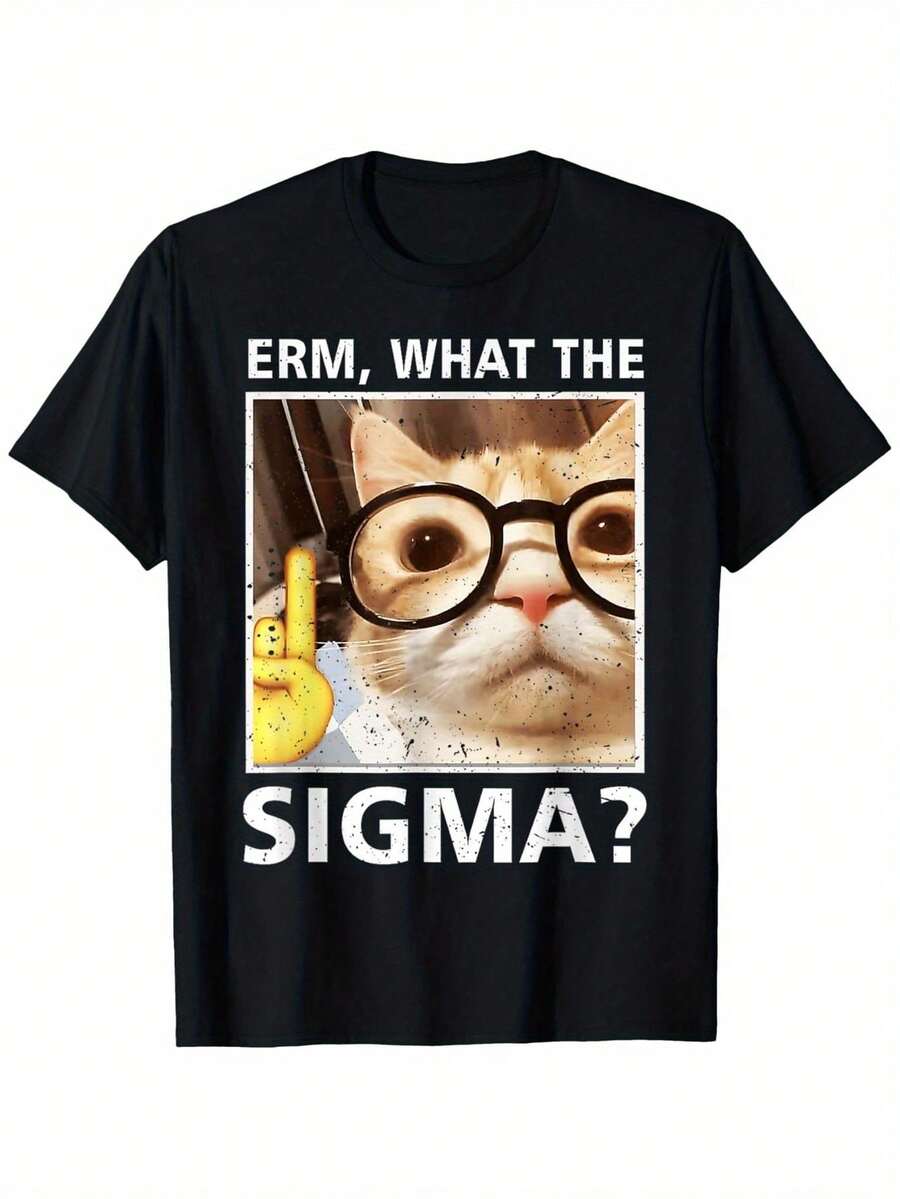 Young People's "Uh, What Sigma?" Interesting Cat Pattern T-Shirt -100% Cotton, Breathable And Moisture Wicking, Casual Short Sleeved Round Neck T-Shirt - Perfect Gift For Boys And Girls, Cat Shirt - màu đen - Xem 1