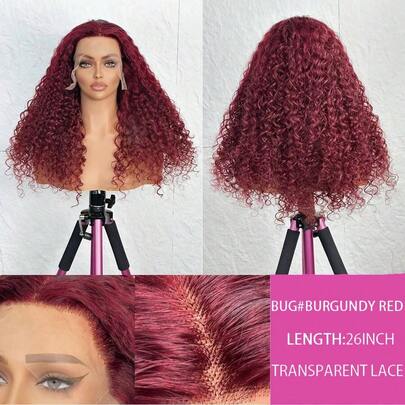 30Inch 200% Density Deep Curly Full Lace Frontal Wig HD Transparent 13x4 HD Lace Frontal #99J Burgundy Red Fashionable Color Human Blended Hair With Fiber Wigs Pre Plucked Deep Wave Curly With Fiber Lace Frontal Wigs For Women