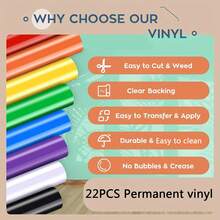 22 piezas de láminas de vinilo permanente en colores surtidos, paquete de vinilo permanente de 12 x 10 pulgadas, excelente para proyectos de manualidades DIY, fácil de cortar y transferir, para decoración del hogar, tazas de café, letreros, letras, pancartas, gráficos de ventana