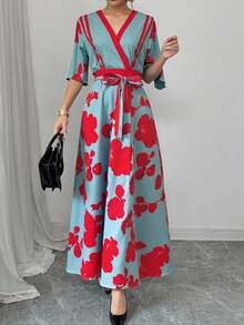 1 件女士花卉印花休闲优雅派对连衣裙，编织面料配腰带，长款连衣裙适合度假、办公室、居家、花园、旅行、夏季