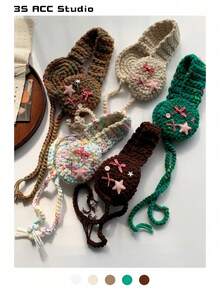 1 件 Y2K 风格星星和蝴蝶结装饰毛绒球系带针织耳套，冬季保暖耳罩头带女士发带头巾头带吸汗带 - 彩色 - 查看 2