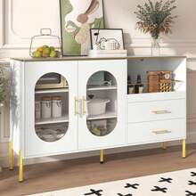 Elegante Sideboard con 2 cajones y 2 puertas de vidrio – Mueble moderno en blanco con detalles dorados – Amplio espacio de almacenamiento – Para salón, comedor, pasillo - Blanco - Ver 10