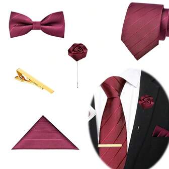 男士领带五件套礼盒 - 领带 + 口袋巾 + 袖扣 + 领带夹 + 胸针，西装配饰，适用于婚礼、商务、正式场合，亦可作为礼物 - 红色领带