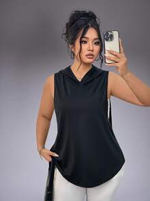 Áo thể thao nữ cỡ lớn, kiểu tank top, in chữ, không tay, có mũ trùm đầu, nhanh khô, dáng rộng, vạt cong. - màu đen - Xem 3
