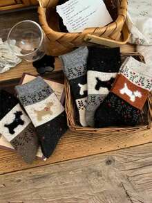 1 Pair/5 Pairs Women's New Autumn/Winter Vintage Japanese Fair Isle Warm Thick Fuzzy Cartoon Cute Puppy Pattern Mid-Calf Socks - Multicolor - View 5