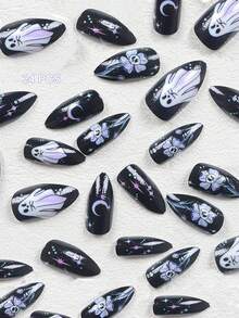 按压式指甲万圣节美甲贴片、中长款指甲贴片、万圣节蜘蛛网火焰、幽灵城堡、月光蝙蝠、神秘氛围假指甲贴片、粉色指甲贴片、万圣节节日礼物指甲贴片、适合女士和女孩的指甲贴片、时尚、闪亮、高端假指甲贴片，让您的外观焕然一新，展现指尖的魅力，按压式指甲用品 - 紫色 - 查看 3