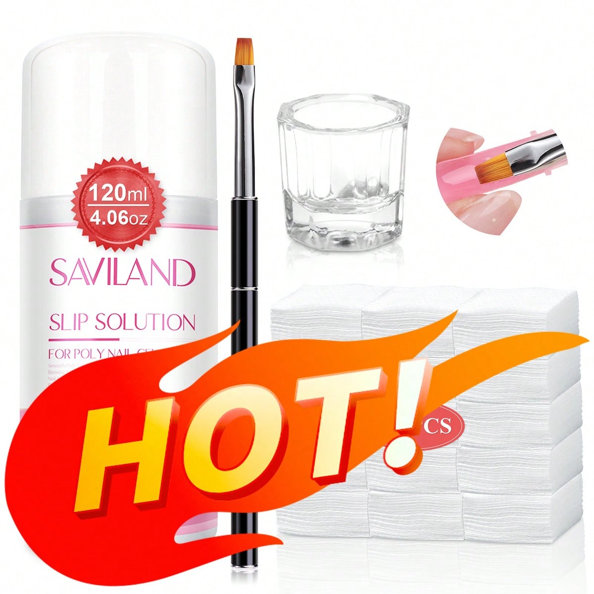 Saviland Poly Gel Slip Solution Kit: 120ML Anti-Stick Nail Thickening Solution For Builder Nails Gel Nail Polish Acrylic Powder Sticky Layer Remover Nail Brush Cleaning Pad Dappen Dish Nails Cleaner