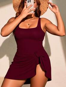 Swim Lushoire Váy bơi buộc dây phía trước màu trơn cỡ lớn, phong cách nghỉ dưỡng bãi biển - Màu Đỏ Sâu - Xem 1