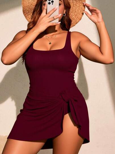 Swim Lushoire 大码纯色系带泳衣裙，海滩度假风格