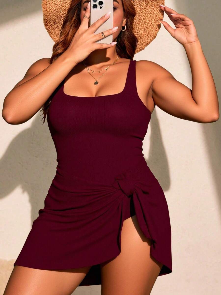 Swim Lushoire Váy bơi buộc dây phía trước màu trơn cỡ lớn, phong cách nghỉ dưỡng bãi biển - Màu Đỏ Sâu - Xem 1