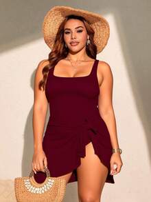 Swim Lushoire Váy bơi buộc dây phía trước màu trơn cỡ lớn, phong cách nghỉ dưỡng bãi biển - Màu Đỏ Sâu - Xem 4