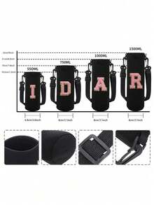 1 件水瓶袋适用于 550ml 750ml 1000ml 1500ml 杯子刺绣字母印花防烫，氯丁橡胶瓶保护架带可调节肩带，适合徒步旅行露营运动水瓶套保温袋斜挎包 - 黑色 - 查看 2