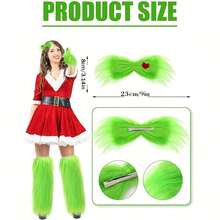 3 Pezzi Set Accessori Costume di Babbo Natale Mostro di Natale per Donna, con Coprigambe in Pelliccia Verde Finta, Guanti Verdi, Fiocco Peloso, Accessori per Costume Adulto, Decorazioni Natalizie per Casa e Stanza, Regali di Natale