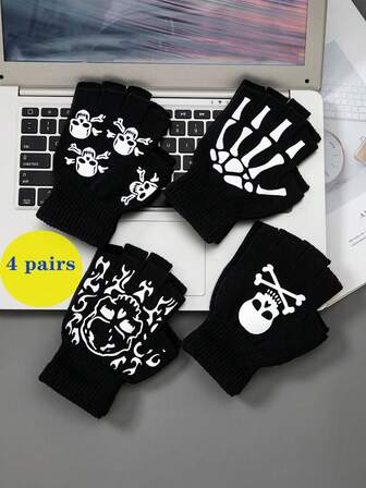 1/4 Pairs Solid Color Cartoon Skull Gloves Short Fingerless Knit Gloves Half Finger Gothic Style Warm Gloves For Fall Winter