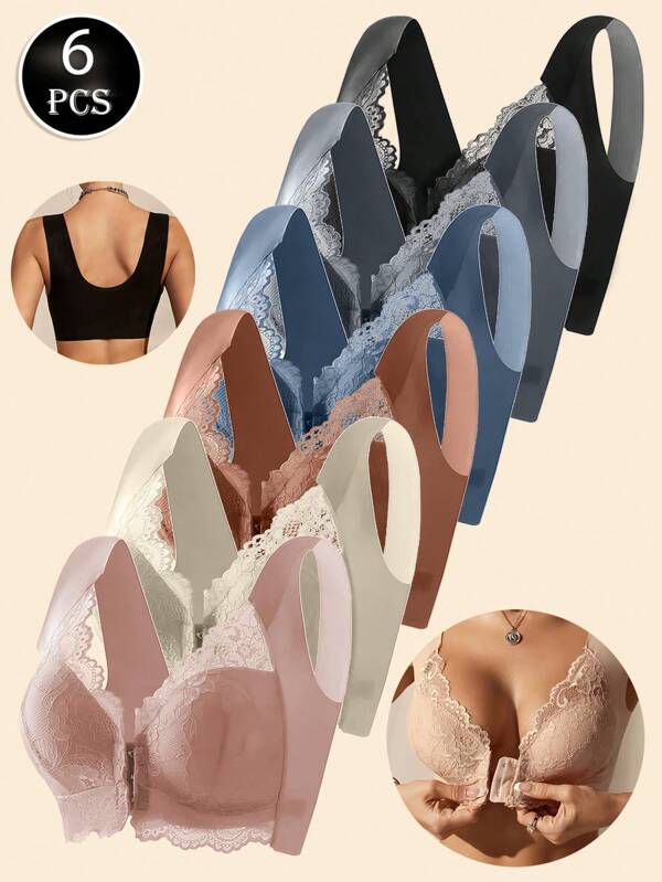 6-Pack Women's Contrast Lace Wire-Free Push-Up Bra - Comfortable And Breathable, Medium Support, Elegant Contrast Trim, Multicolor Set (Light Blue/Black/Pink/Beige/Red/Brown) - Everyday And Special Occasion Underwear, Medium Support | Delicate Bra Style | Durable Push-Up Straps