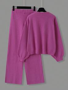 Set de 2 piezas de suéter y pantalón de punto de unicolor, casual para otoño/invierno