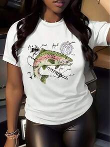 Women'S Casual Crew Neck T-Shirt With Quirky Fish And Insect Graphics 100% Polyester Knit Fabric Regular Length All-Season Comfort – Casual Style Tee With Unique Drawing Print Designgraphic Tees Men Shirts Streetwear White Shirt Black Shirt - 白色 - 查看 1