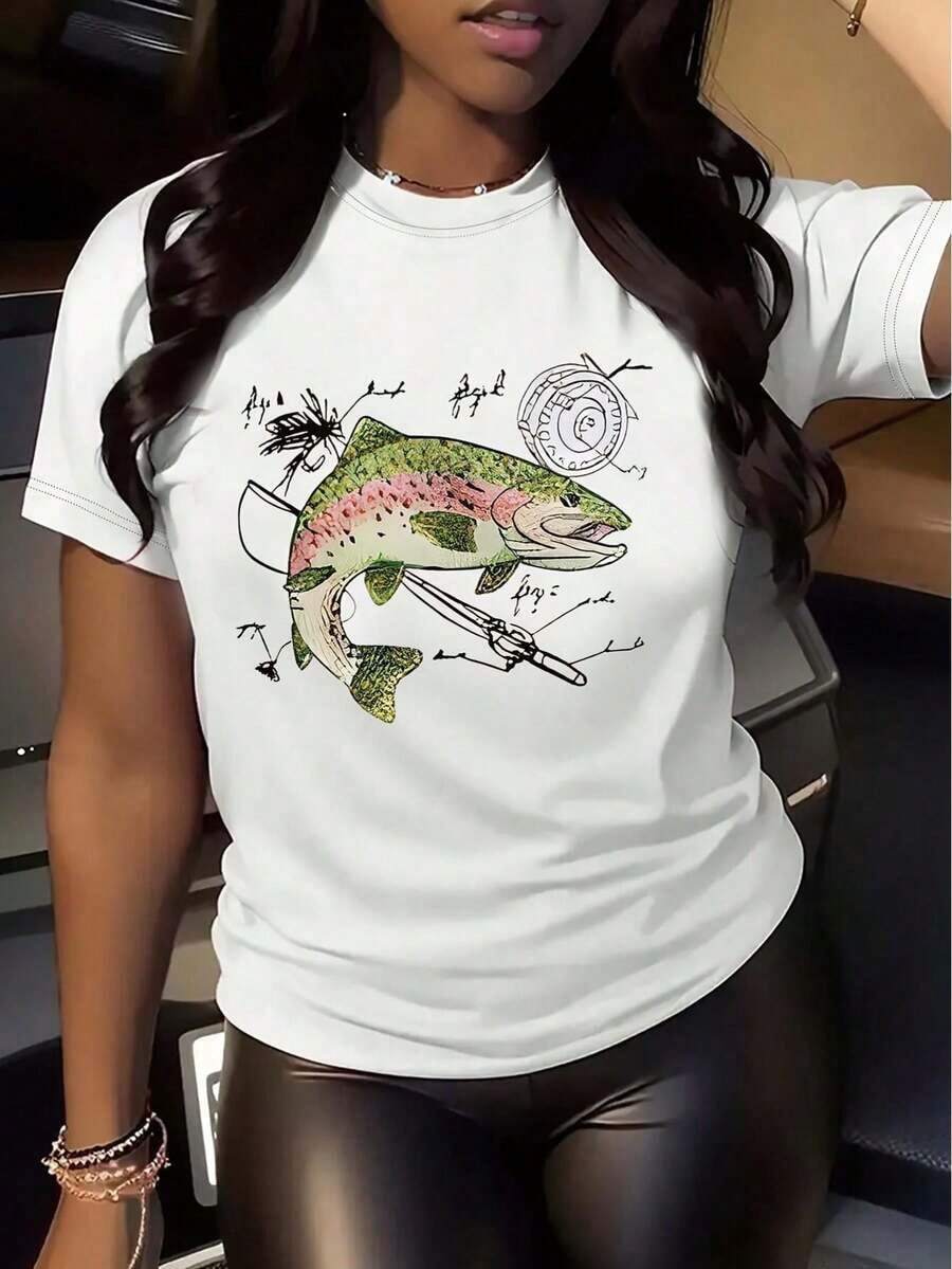 Women'S Casual Crew Neck T-Shirt With Quirky Fish And Insect Graphics 100% Polyester Knit Fabric Regular Length All-Season Comfort – Casual Style Tee With Unique Drawing Print Designgraphic Tees Men Shirts Streetwear White Shirt Black Shirt - 白色 - 查看 1