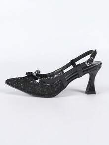 Tacones de aguja de punta fina para mujer, zapatos de tacón alto de moda versátiles para fiestas con decoración de lazo negro y malla de encaje - Negro - Ver 7