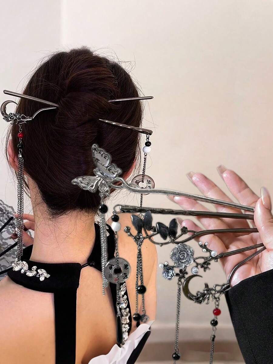 1pc Vintage Black Elegant New Chinese Style Ancient Bowknot Tassel Hair Clip, Suitable For Women All Seasons Daily Wear, Birthday, Valentine's Day, New Year, Christmas, Halloween, Back To School Gift, Fall Fashion, Halloween Hair Accessories, Christmas Gifts, Head Accessories - Multicolor - View 1