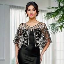 1 Stück Eleganter Vintage Damen Schal aus den 1920ern mit Pailletten, Pailletten- & Perlen-besetzter Retro Kurzblazer, bestickter Spitzenrand Schalkragen, Streetstyle Outfit, Pailletten Top für Nachtclubs, Bühnenkostüm, modisches Party- & Abendkleid Accessoire