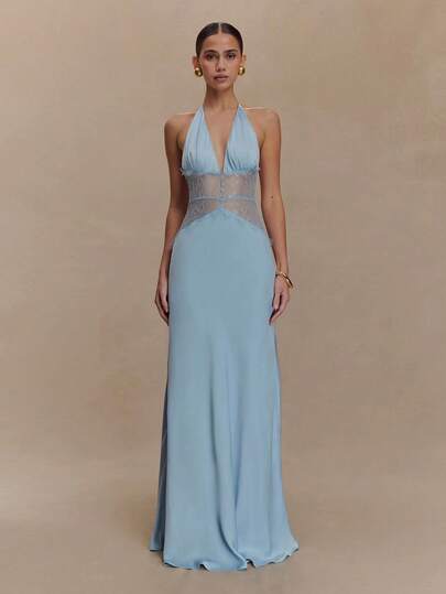 Sexy Lace Patchwork Satin Backless Halter Tie Strap Dress, Valentine's Day