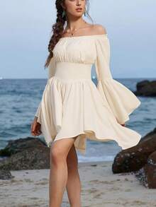 Women Renaissance Costume Dress Off Shoulder Flowy Mini Dress Bell Sleeve Fairies Handkerchief Dresses - 白色 - 查看 1