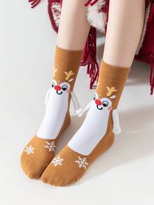 1/2/5 pares de calcetines magnéticos para parejas, calcetines con patrón navideño lindo que se unen automáticamente, calcetines cómodos hasta el tobillo para primavera y otoño - Multicolor - Ver 4