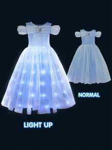 UPORPOR UPORPOR Girls Princess Light Up Dress Up Costume, Blue Glittering Dress For Birthday Party (Battery Not Included)
