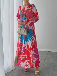 1 chiếc áo choàng nữ in hoa, kiểu dáng sang trọng, cổ tròn, tay loe, dáng rộng, thoáng khí, phong cách nghỉ dưỡng, váy dài truyền thống Ả Rập, váy dạ hội trang trọng. - Đỏ - Xem 5