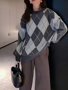 Oversized Argyle Stylish Crew Neck Sweater