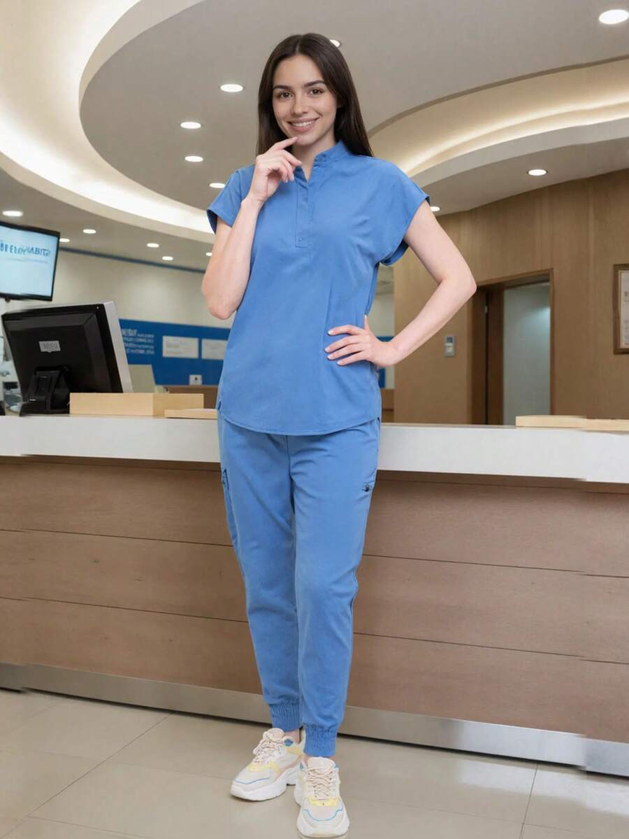 Scrub Suit Set For Women Tapered Leg Jogger Pants With Drawstring  Nursing Uniforms Set - Màu xanh lam - Xem 1