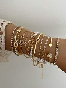 Bộ 30/19/16/14/11/6 đồng xu cổ điển thanh lịch, kim loại, ngọc trai giả, trái tim, bướm, lấp lánh, pha lê, xoắn, bộ vòng tay xích, phong cách Y2K, đeo nhiều lớp, phù hợp cho phụ nữ, mùa thu/đông, ngày lễ, tiệc tùng, hẹn hò, giáng sinh, ngày của mẹ, món quà tuyệt vời nhất - Vàng - Xem 5